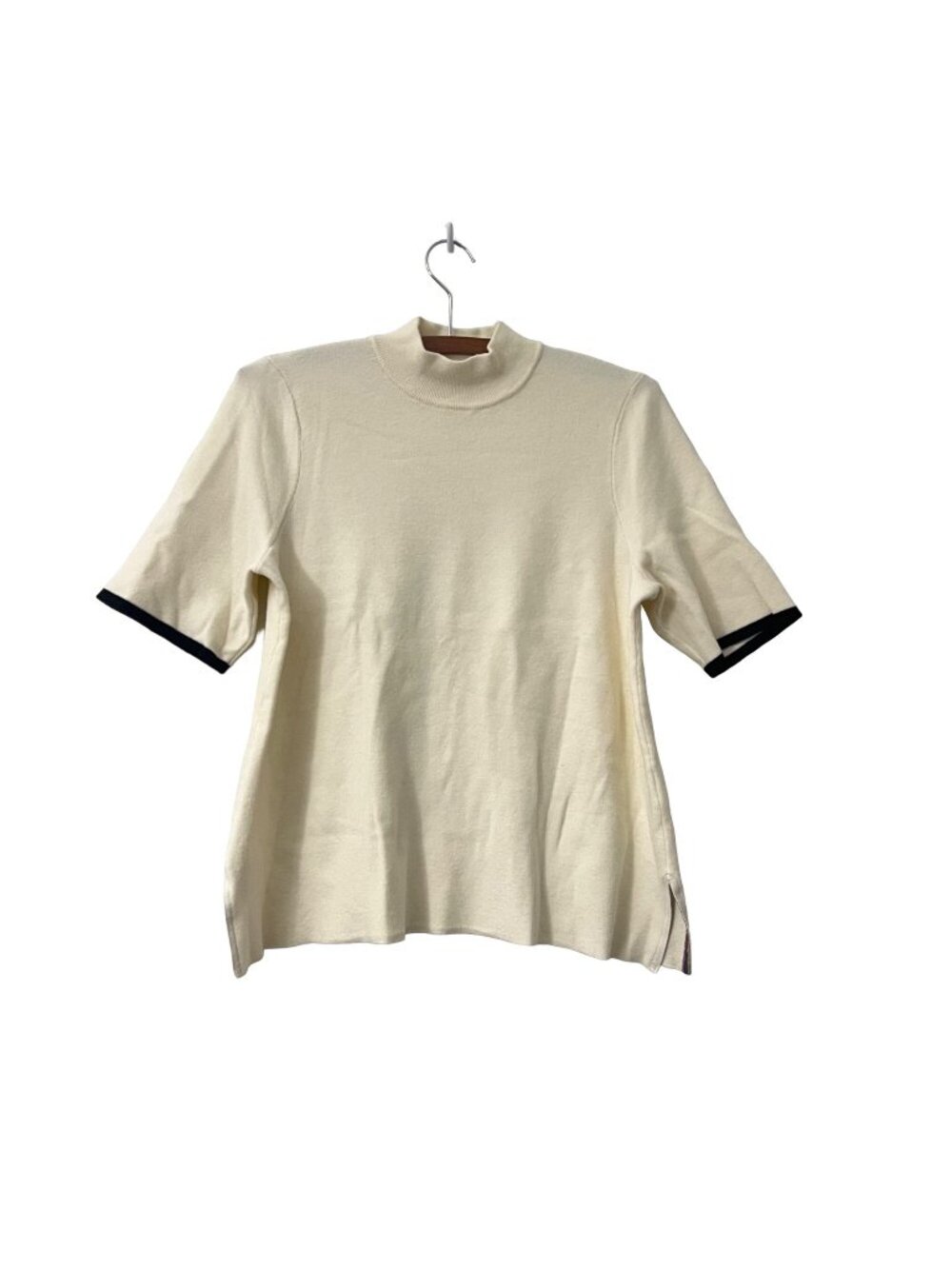 Anthropologie Moth Cream Mock Neck Sweater Black Trim Sleeves Top Size Medium